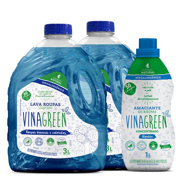 Kit Vinagreen 2 Lava Roupas Liquido + 1 Amaciante Concentrado Algodão 1L