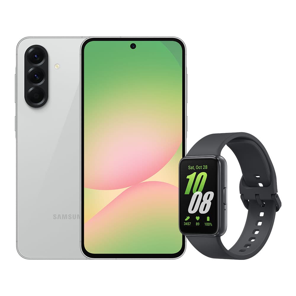Samsung A56 5G 128GB cinza e Galaxy Fit3 grafite - imagem do kit