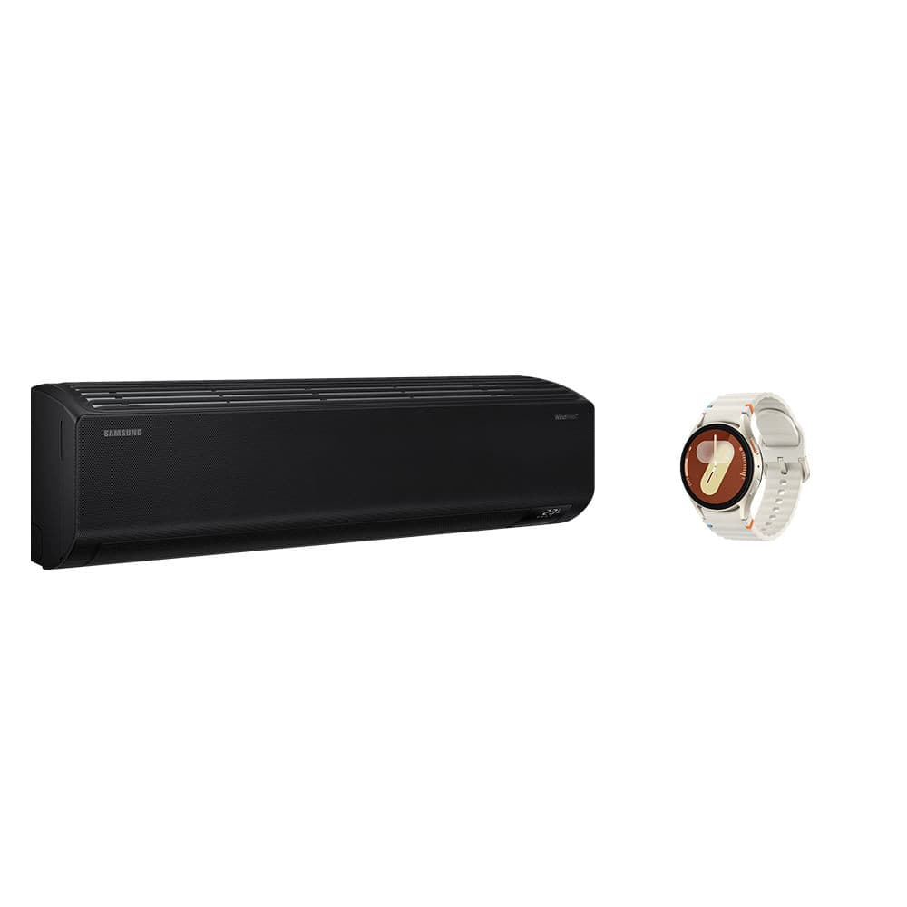 Ar condicionado Samsung WindFree Black e relógio Galaxy Watch7 BT 40mm em fundo branco