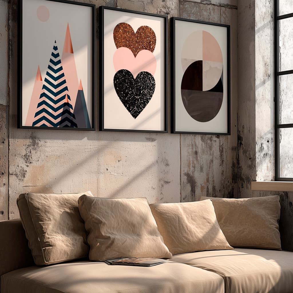 Kit 3 quadros decorativos geométricos corações triângulos montanha rosa preto com moldura
