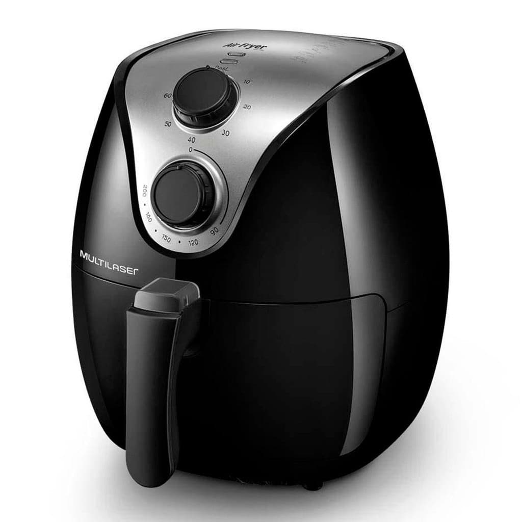 Fritadeira elétrica sem óleo Multilaser CE168, preto e prata, controles de temperatura e tempo, fundo branco