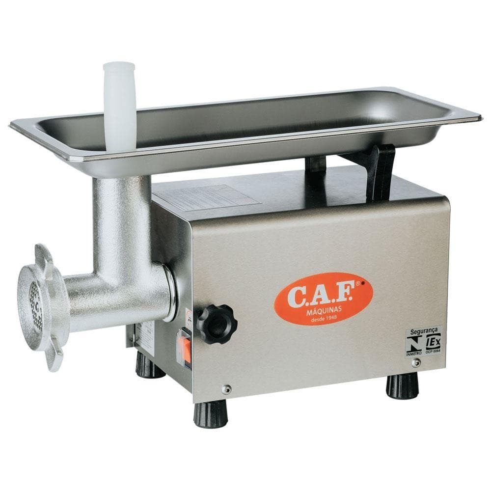 Moedor picador elétrico comercial CAF Boca 8, aço inoxidável, logo CAF, controle preto e laranja