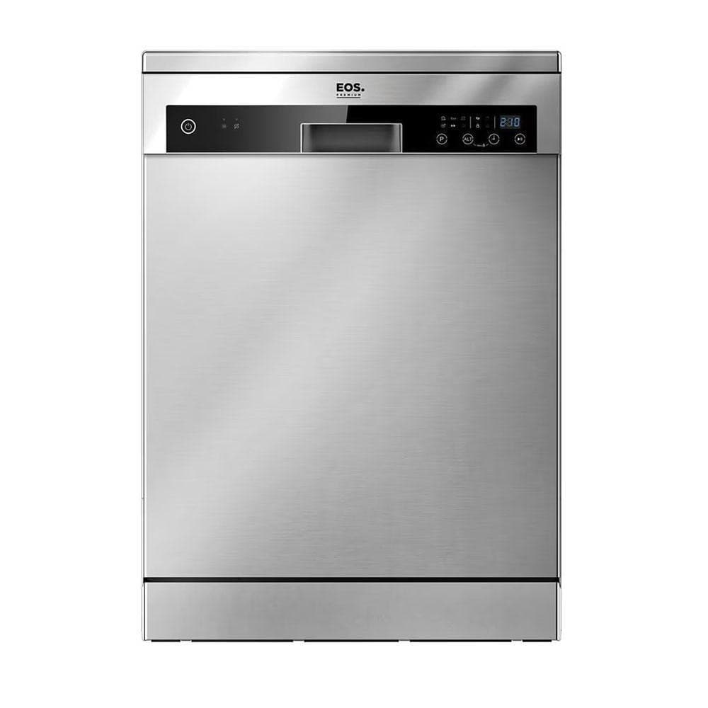 Máquina de lavar louça EOS 14 serviços, cor prata, com porta de vidro e painel digital, contra fundo branco.