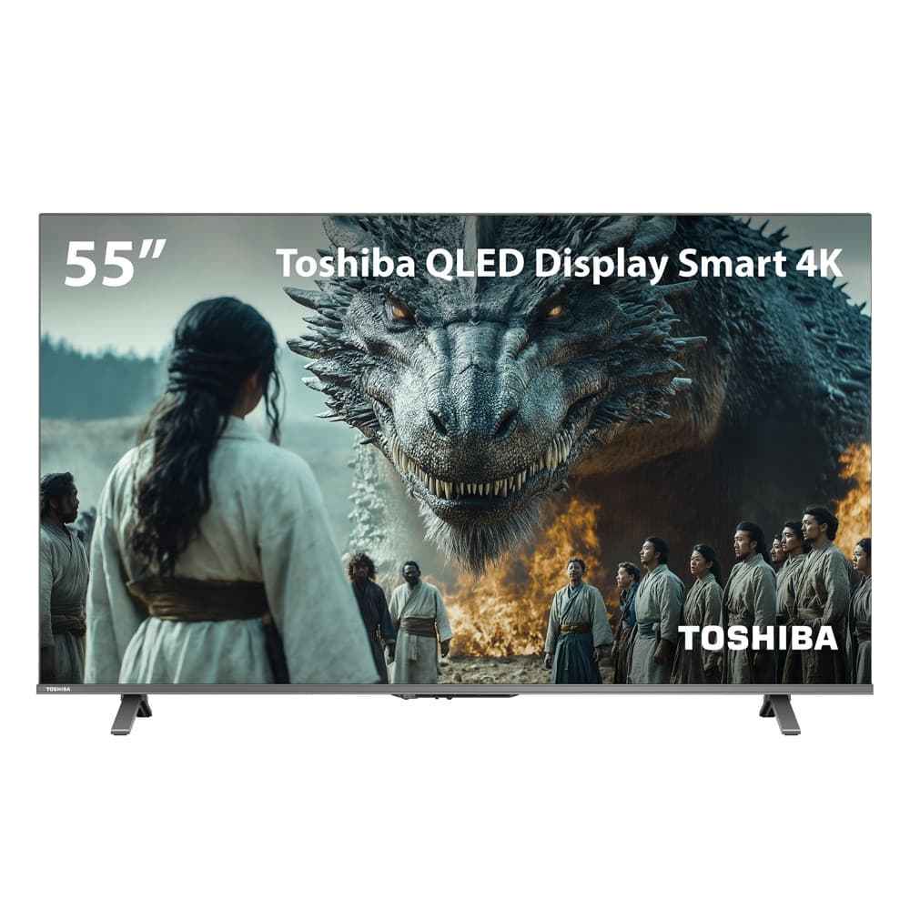 Smart TV QLED 55 polegadas Toshiba 4K com imagem de dragão em chamas no display