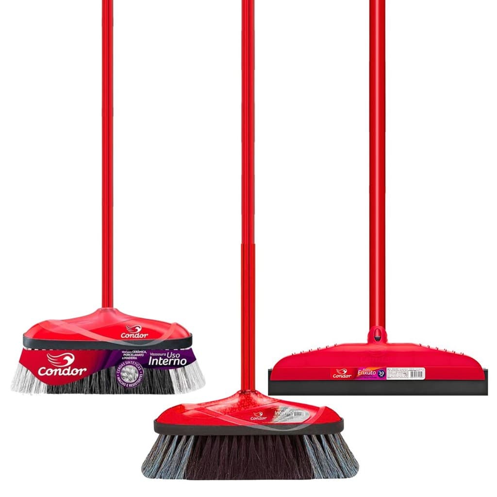 Kit Limpeza Completo 1 Vassoura Varre Muito 1 Vassoura Extramacias 1 Rodo Multiuso 30cm Com Cabo Qualidade Condor