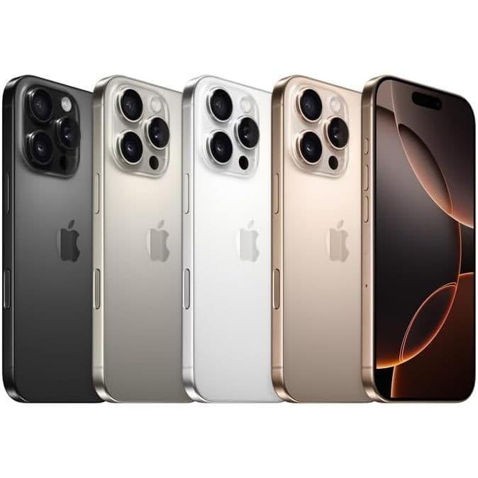 iPhone 16 em quatro cores: preto, prata, ouro e cinza sideral, com design de câmera quadrada e logotipo da Apple