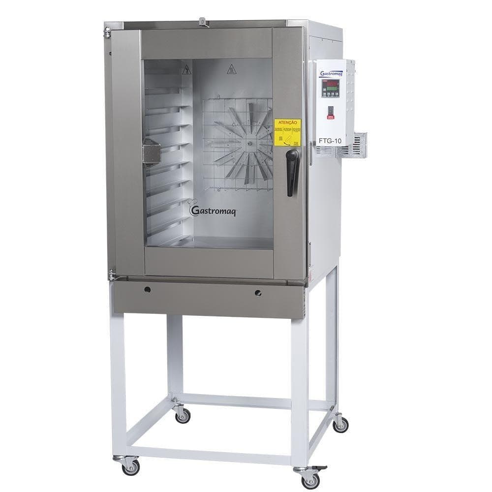 Forno Turbo a Gás FTG10 Gastromaq com 10 esteiras, porta aberta, pedestal branco, painel de controle, marca Gastromaq.