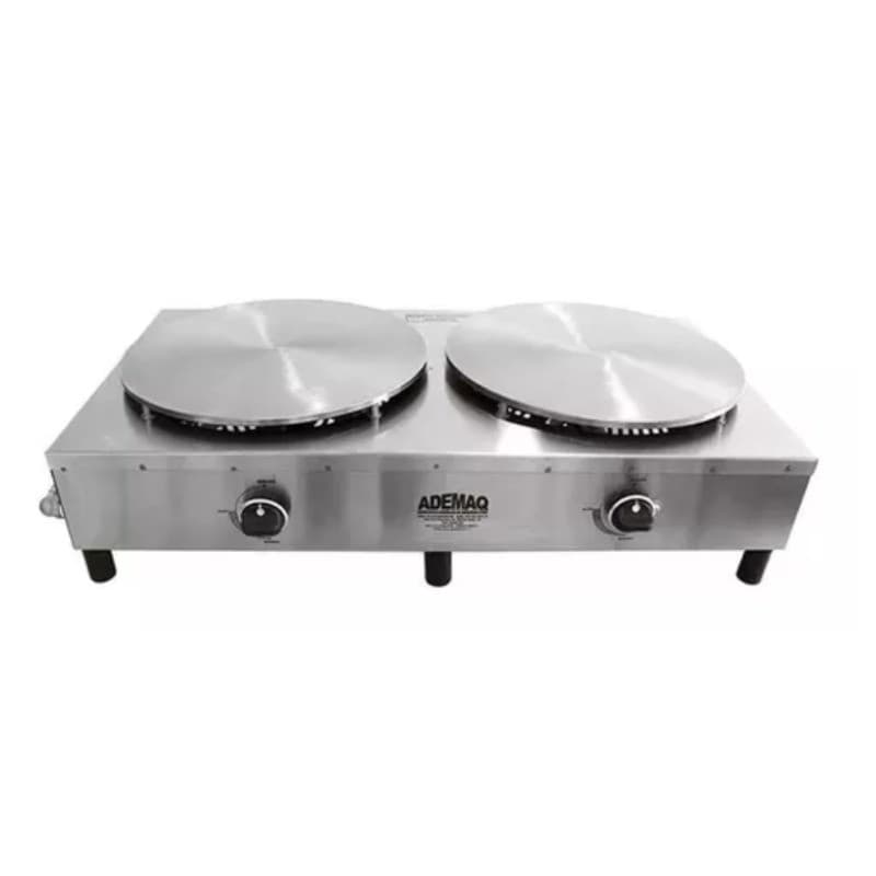 Máquina de crepe francesa dupla Ademaq em aço inoxidável, com duas placas de cozimento e controles de temperatura.