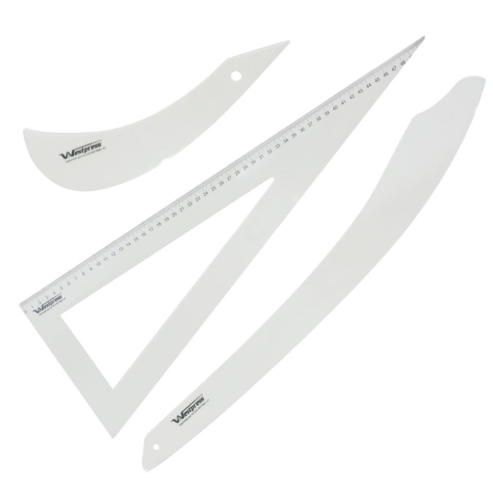 Kit de réguas de modelagem para costura e corte de tecido, branco, com esquadro, régua curva e régua triangular