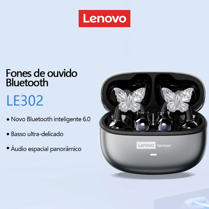 Fones de ouvido Bluetooth Lenovo LE302 com estojo de carregamento e borboletas brilhantes