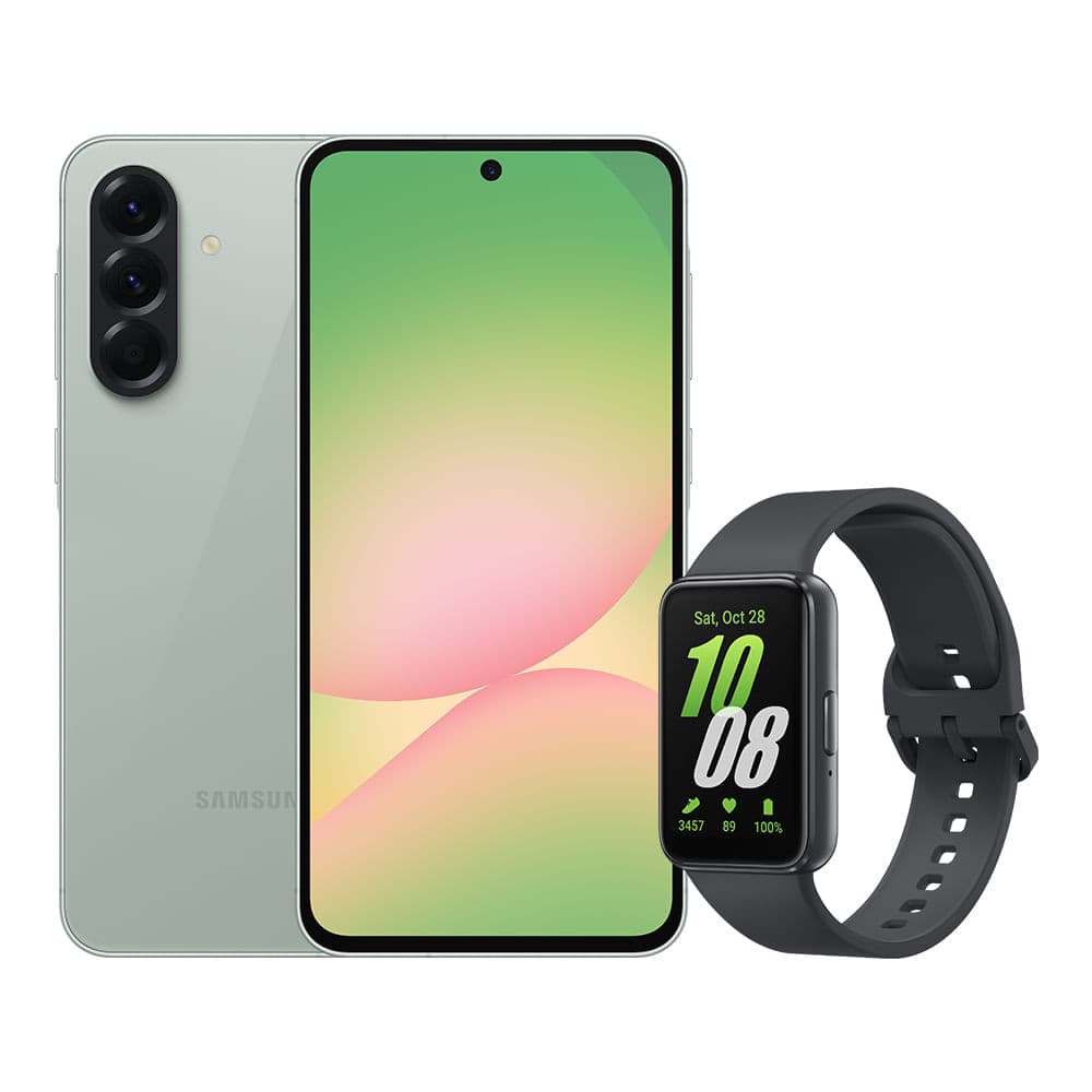 Smartphone Samsung A56 5G verde e smartwatch Galaxy Fit3 grafite juntos em fundo branco