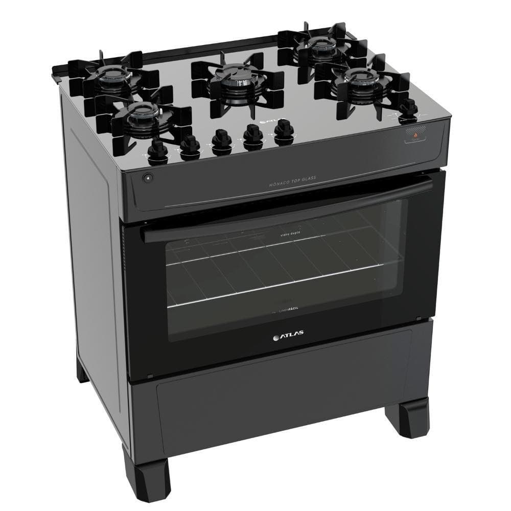 Fogão Atlas 5 Bocas Preto Mônaco Top Glass Bivolt