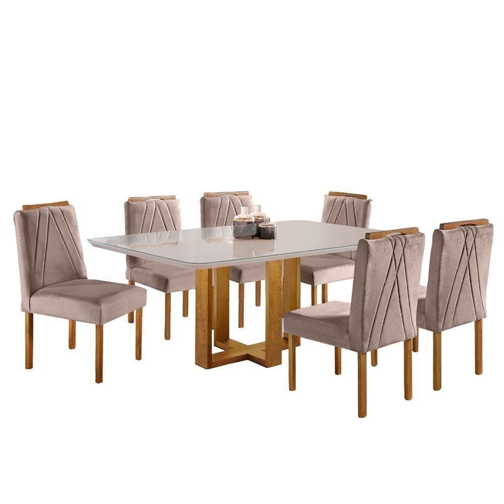 Conjunto de mesa de jantar com seis cadeiras estofadas em veludo nude