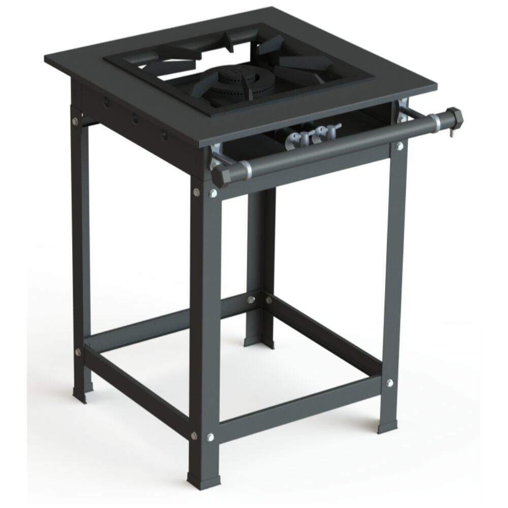 Fogão Industrial 40x40 P10 1 Boca Baixa Pressão QD JS Martins em estrutura metálica preta