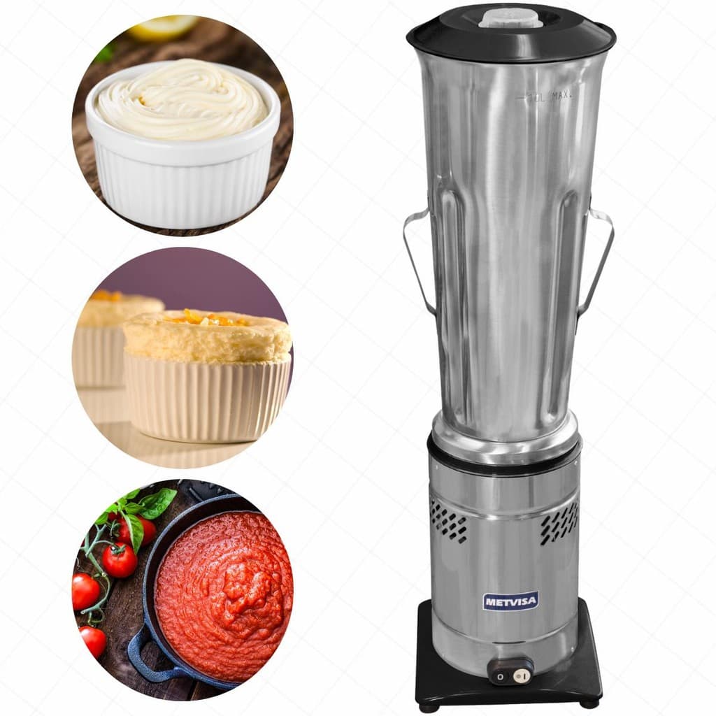 Liquidificador Industrial 10 Litros Triturador LQL10 Metvisa com imagens de molho de tomate e creme