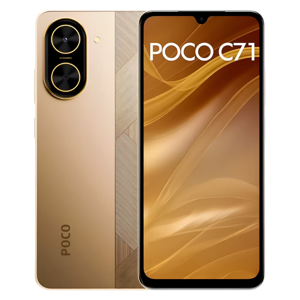 Smartphone Xiaomi Poco C71 em ouro, mostrando a câmera traseira dupla e a tela frontal