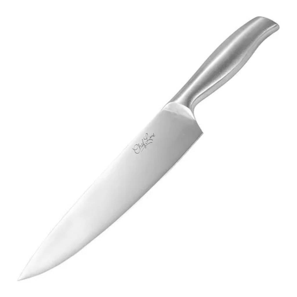 Faca de cozinha profissional de aço inoxidável de 8 polegadas com cabo e lâmina prateados, borda afiada e logotipo na lâmina, fundo branco.
