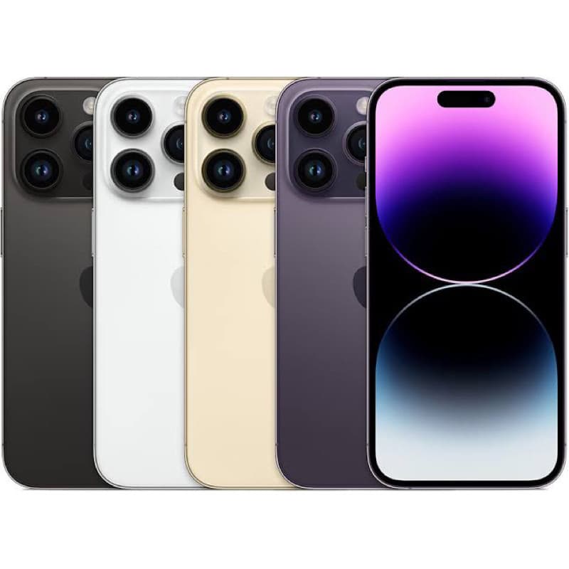 iPhone 14 em quatro cores: preto, branco, prata e roxo, com câmera traseira de três lentes