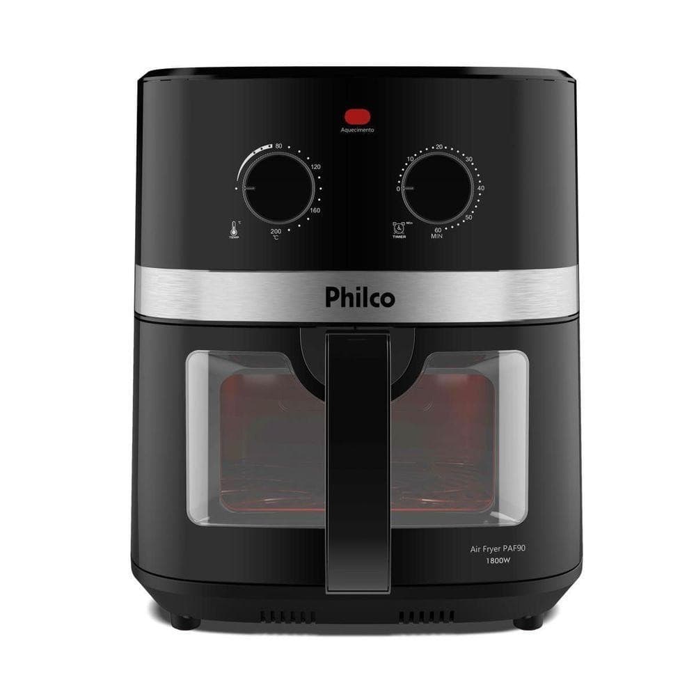 Friteira de ar Philco 9L com vidro frontal, preto e prata, painel frontal com botões de controle e logo Philco