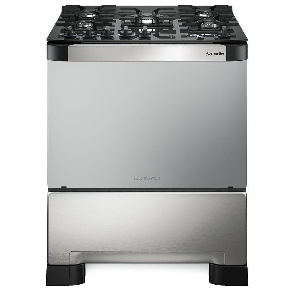 Fogão Mueller 5 bocas Decorato Vetro Inox com mesa de vidro e Timer digital