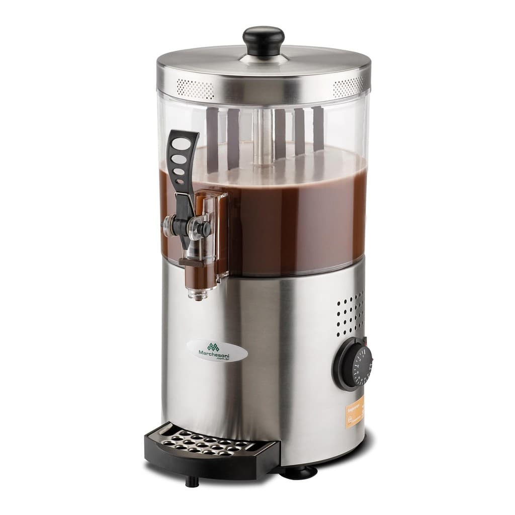 Chocolateira Elétrica Marchesoni 3 Litros com Pá Giratória 220V CO.1.302, design em aço inoxidável, tampa preta e botão de controle na lateral, cor predominante prata.