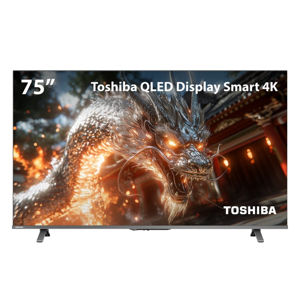 Smart TV QLED 75 4K Toshiba Google TV 4HDMI 2USB Wi-Fi com dragão em chamas na tela