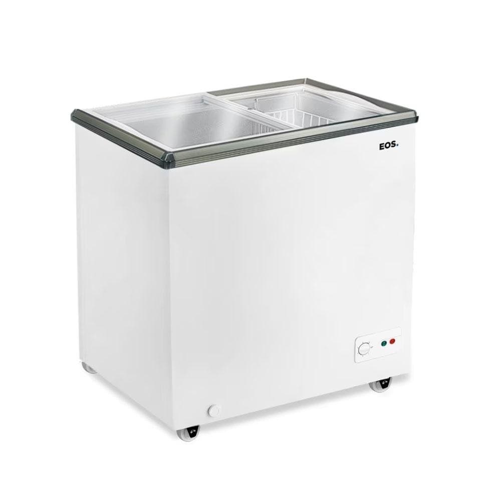 Freezer horizontal branco com duplo compartimento e tampa de vidro transparente, controle de temperatura e botão de liga/desliga