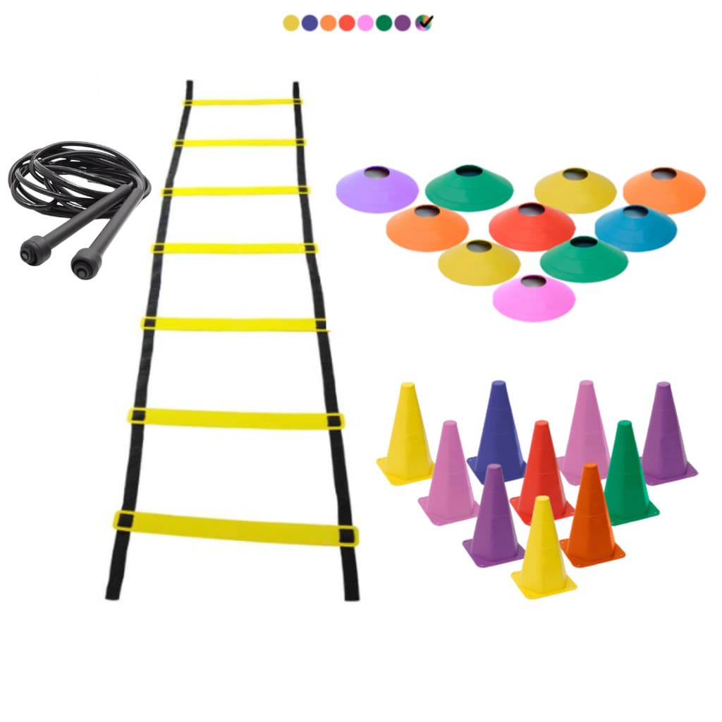 Kit Treino Agilidade 10 Cones 10 Pratos 1 Escada com 7 Degraus 1 Corda de Pular