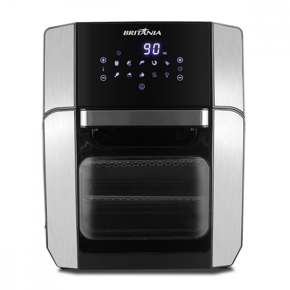 Fritadeira Air Fryer Britânia Oven BFR2100 1800W em aço inoxidável e preto, com display digital.