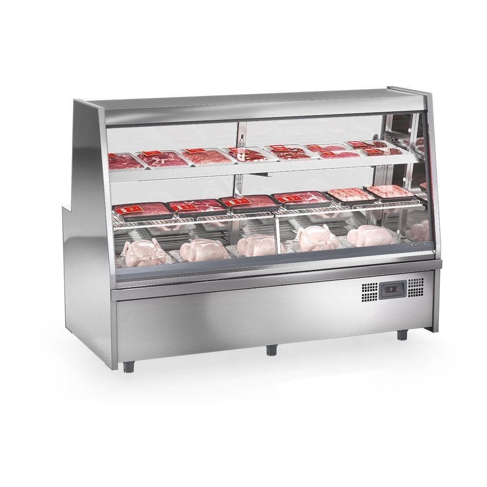 Expositor de carnes inox de 2m com carnes vermelhas e brancas