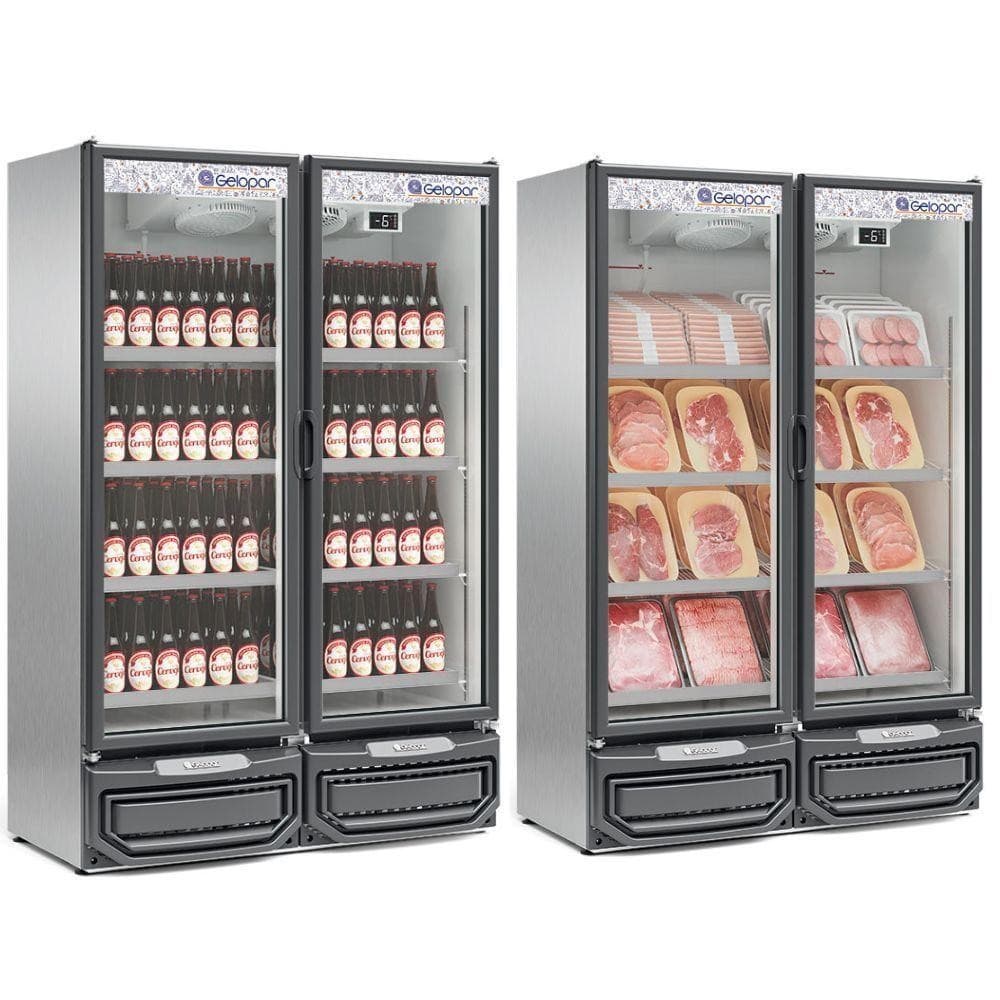 Expositor vertical de vidro Gelopar com garrafas de cerveja e carnes embaladas