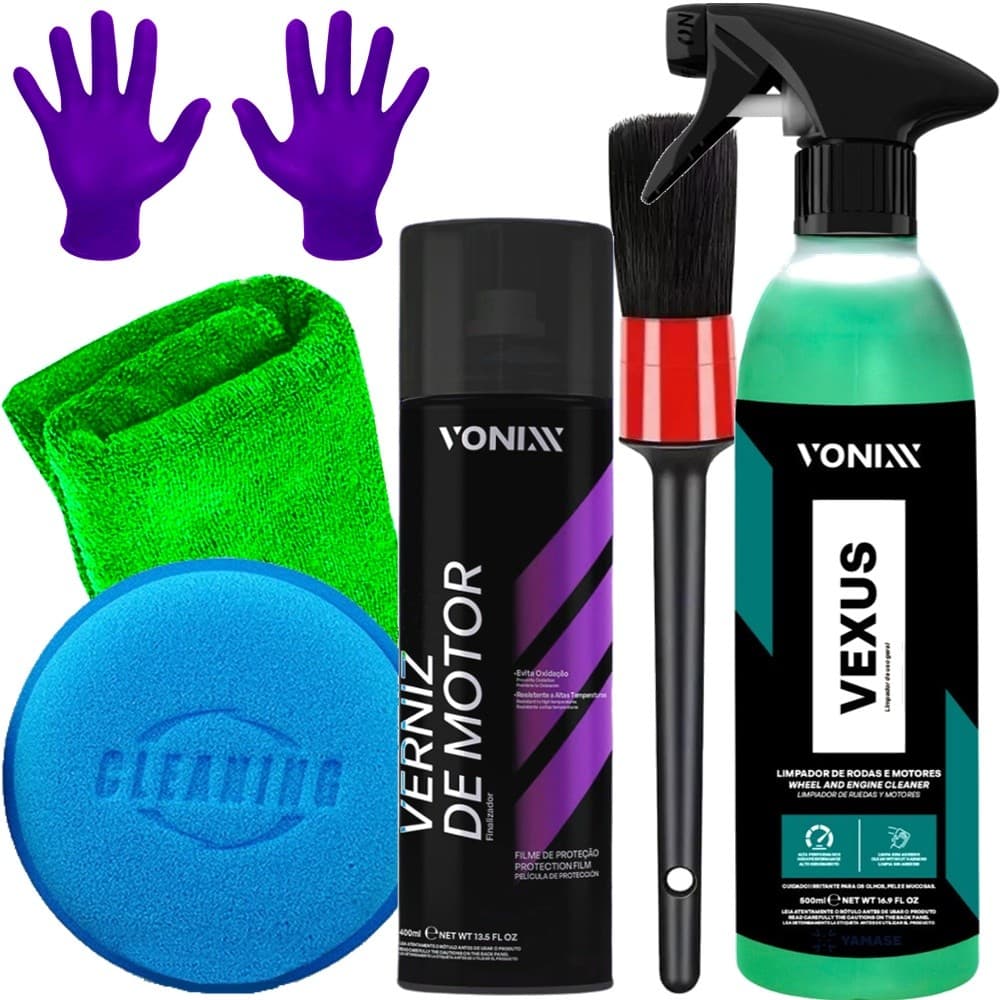 Kit limpeza motor moto carro com verniz, pincel, pano e luvas