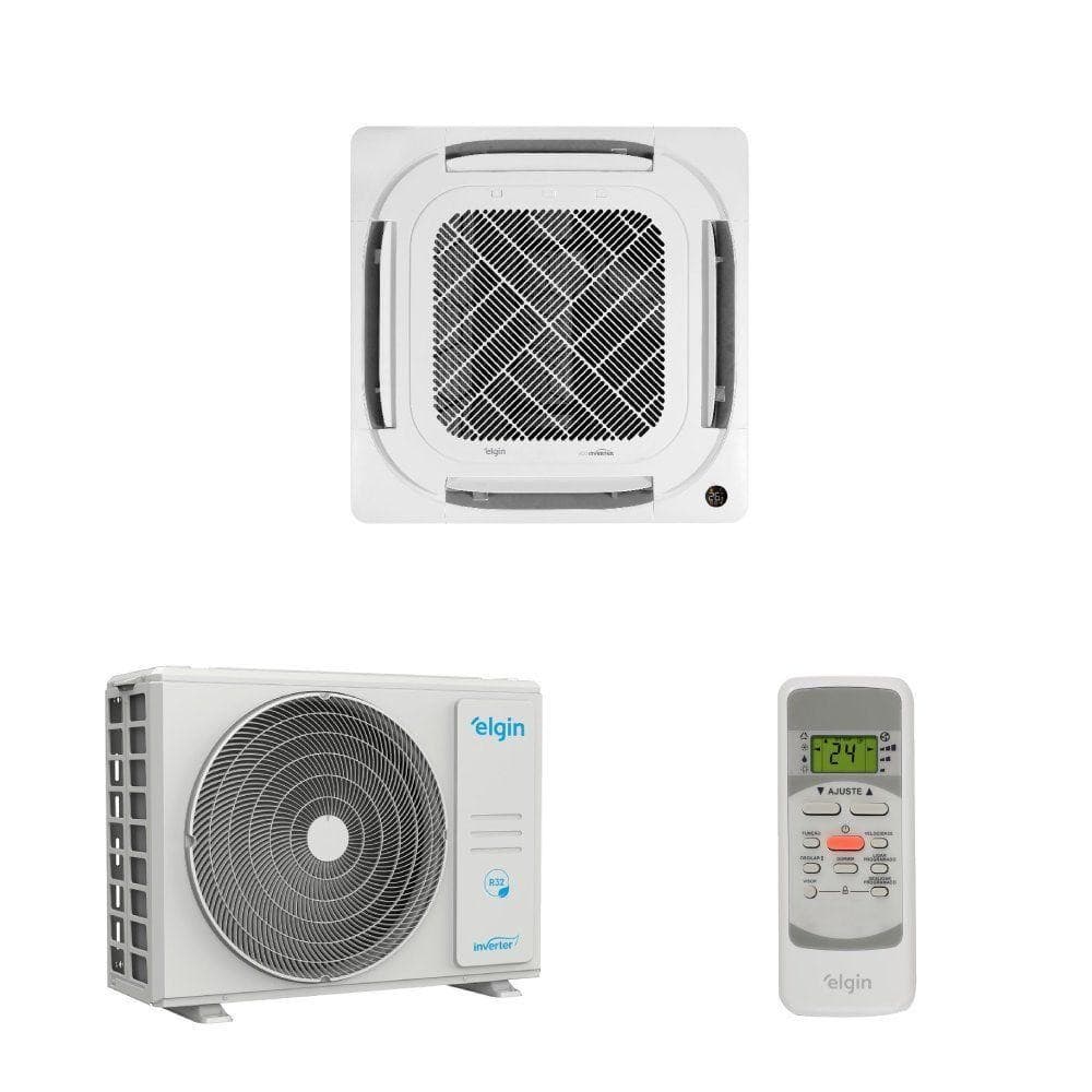 Ar-condicionado split cassete Elgin Eco Inverter 24000 BTUS, unidade externa branca com logo Elgin, fundo branco.