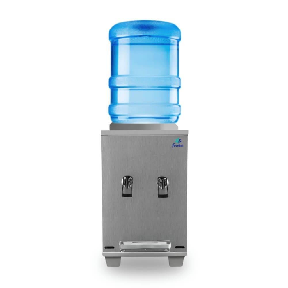 Bebedouro industrial de mesa Frisbel 10 litros com duas torneiras geladas em aço inoxidável escovado