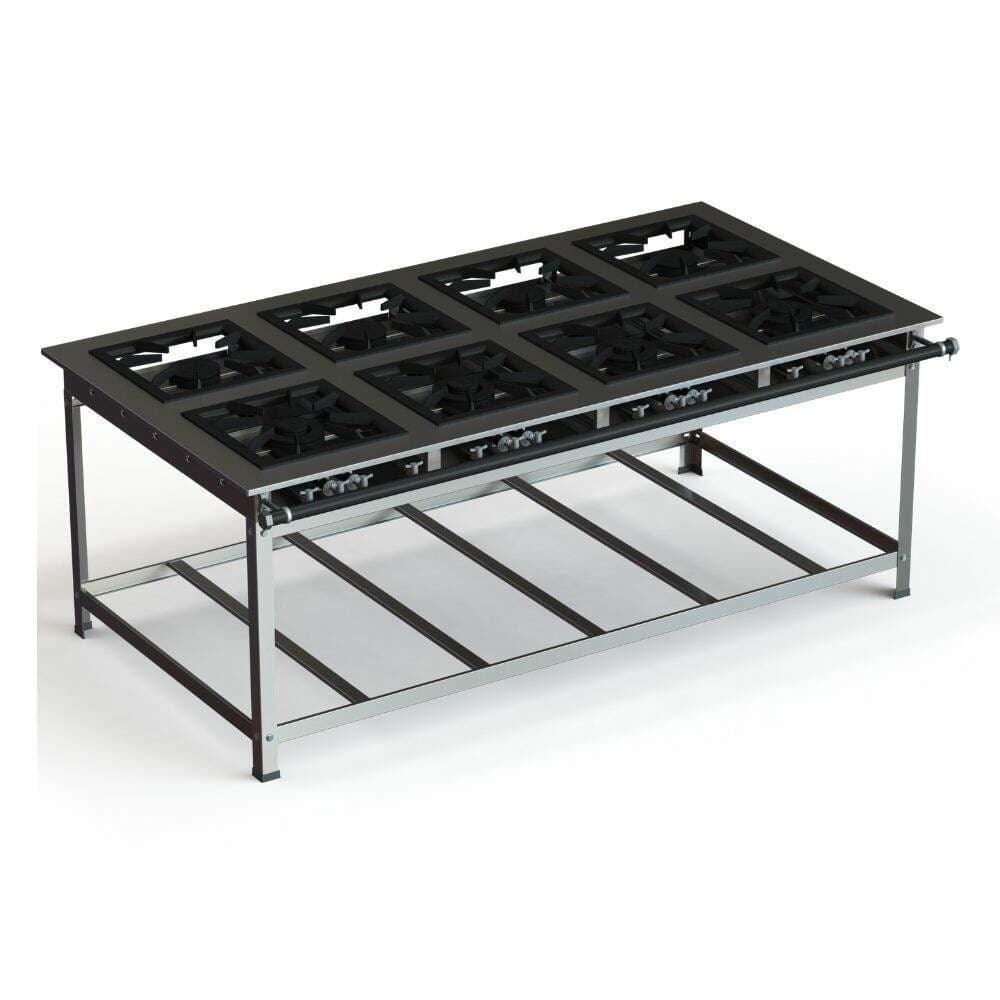 Fogão industrial 40x40 8 bocas baixa pressão JS Martins, aço inoxidável, 4 queimadores quadrados, 4 queimadores duplos