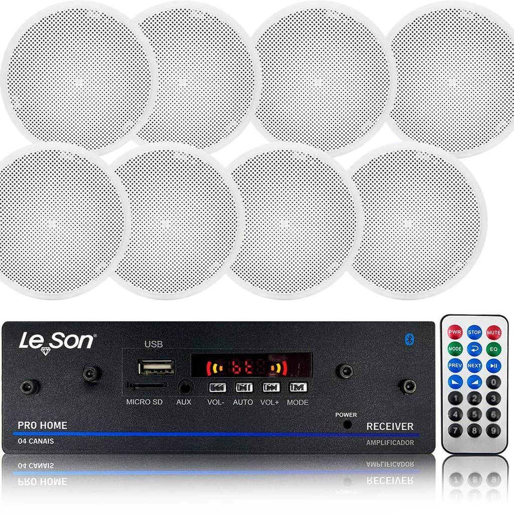 Kit Som Ambiente Teto Embutir PRO Home 8 Arandelas Redonda com Receptor Le Son