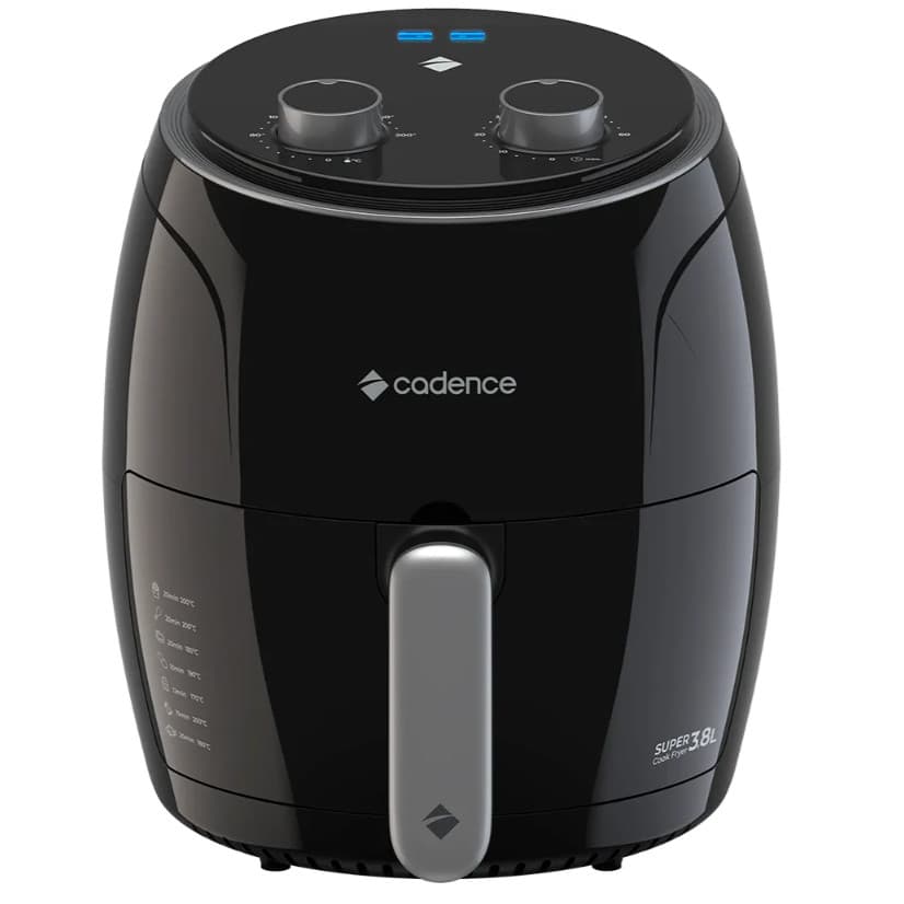 Fritadeira elétrica Cadence 3.8L preta, controles de temperatura e tempo, logotipo da marca, ângulo frontal.