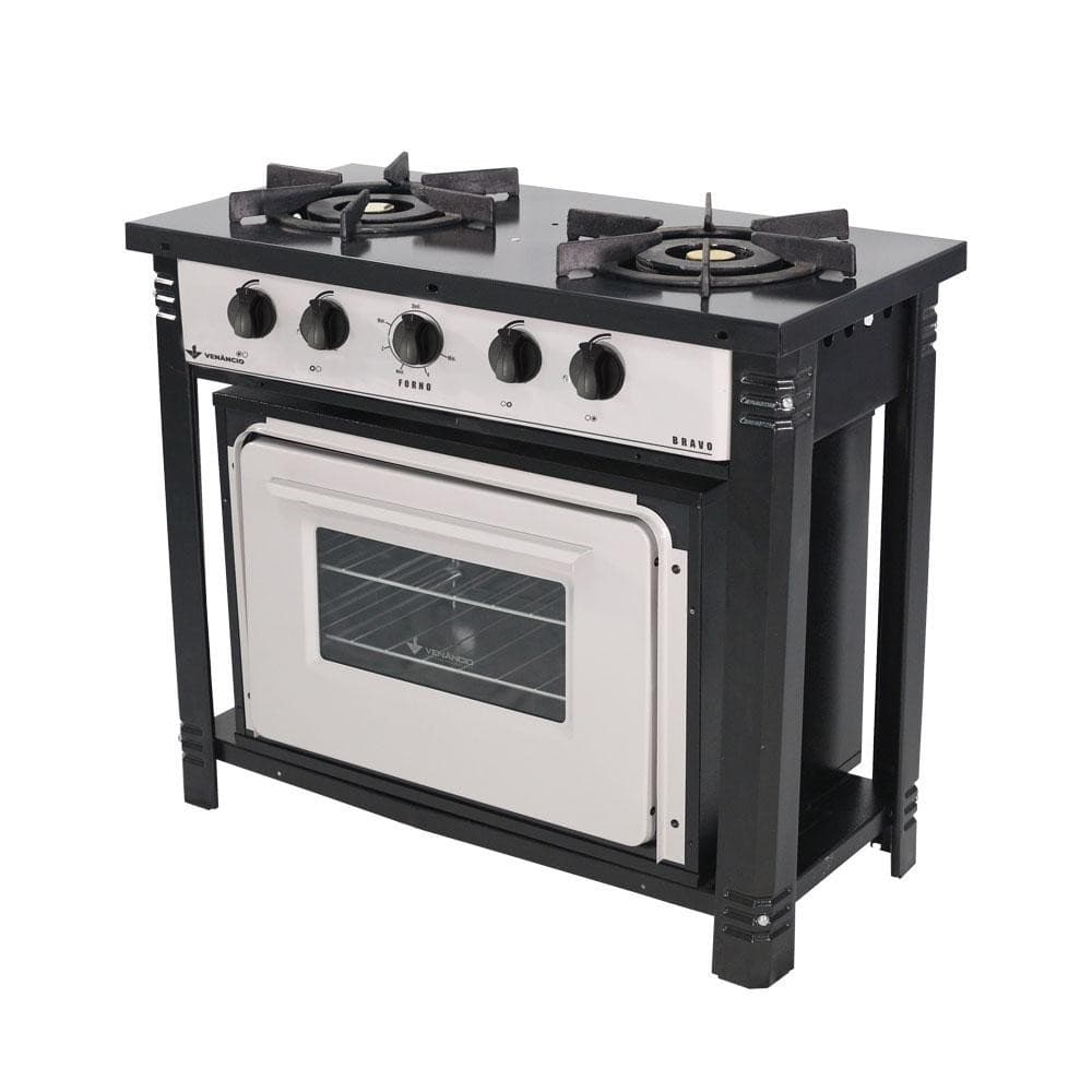 Fogão industrial com forno de duas bocas duplas, cinza e preto, com forno aberto