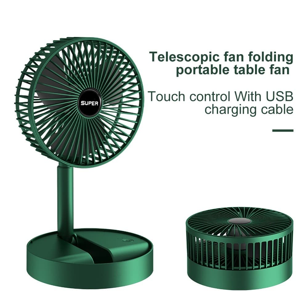 Ventilador dobrável retrátil silencioso USB recarregável verde metálico