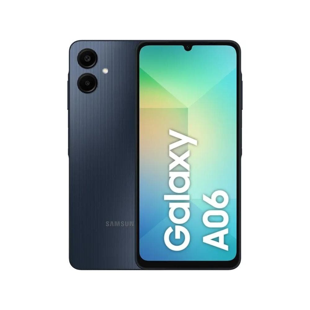 Smartphone Samsung Galaxy A06 azul escuro com tela colorida e texto Galaxy A06