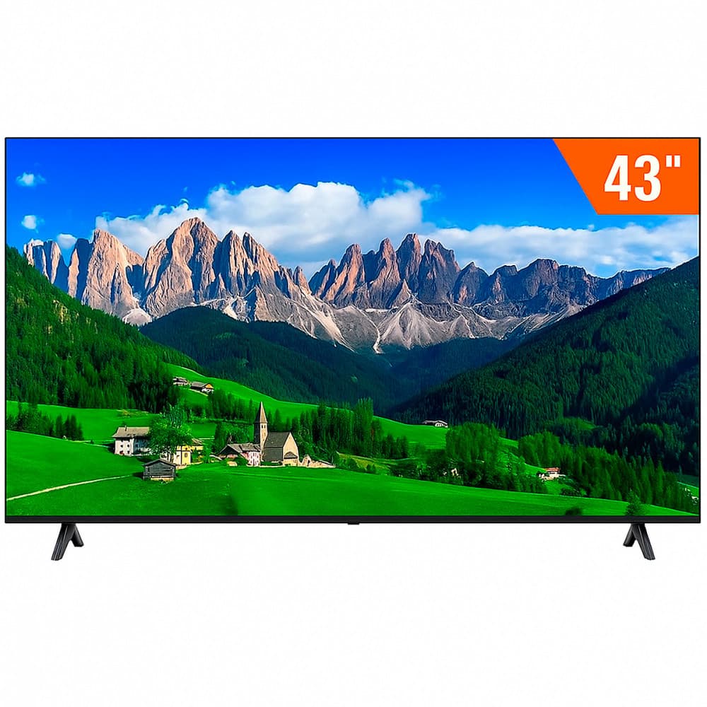 Smart TV LG 43 polegadas 4K UHD HDR mostrando paisagem verde