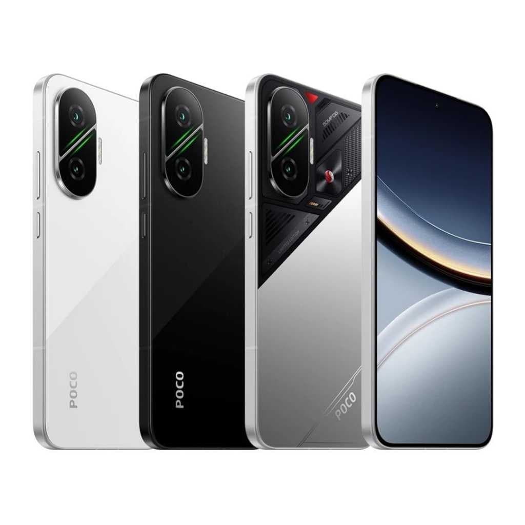 Celular Xiaomi Poco F7 5G em branco, preto e prata com câmera traseira e logotipo POCO
