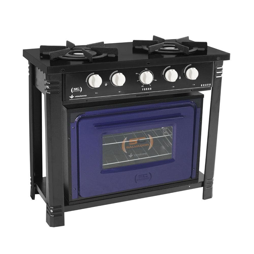 Fogão Industrial Preto a Gás com Forno Azul 2 Bocas Duplas Bravo BR2BF - Venâncio