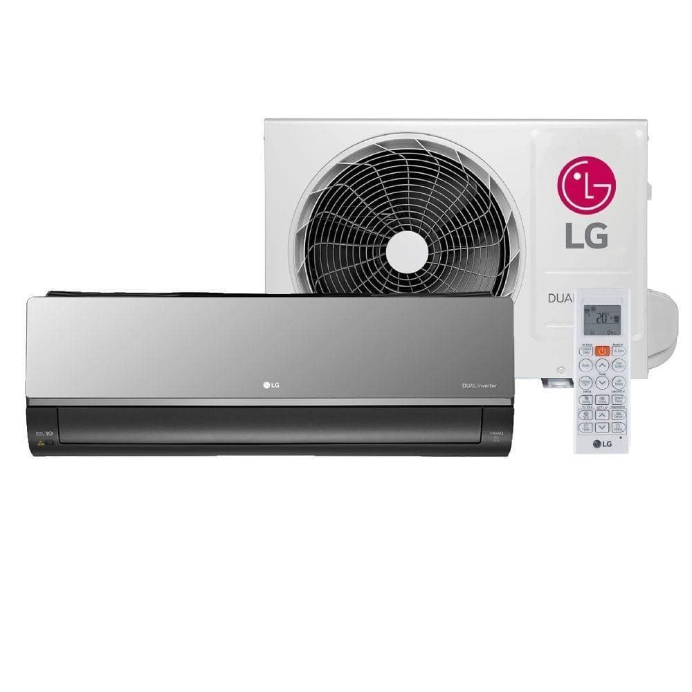 Ar-condicionado LG DUAL Inverter Voice+AI ARTCOOL 24.000 BTU Frio 220V - S3-Q24K2R1B com compressor e evaporador brancos e cinzas, controle remoto à direita.