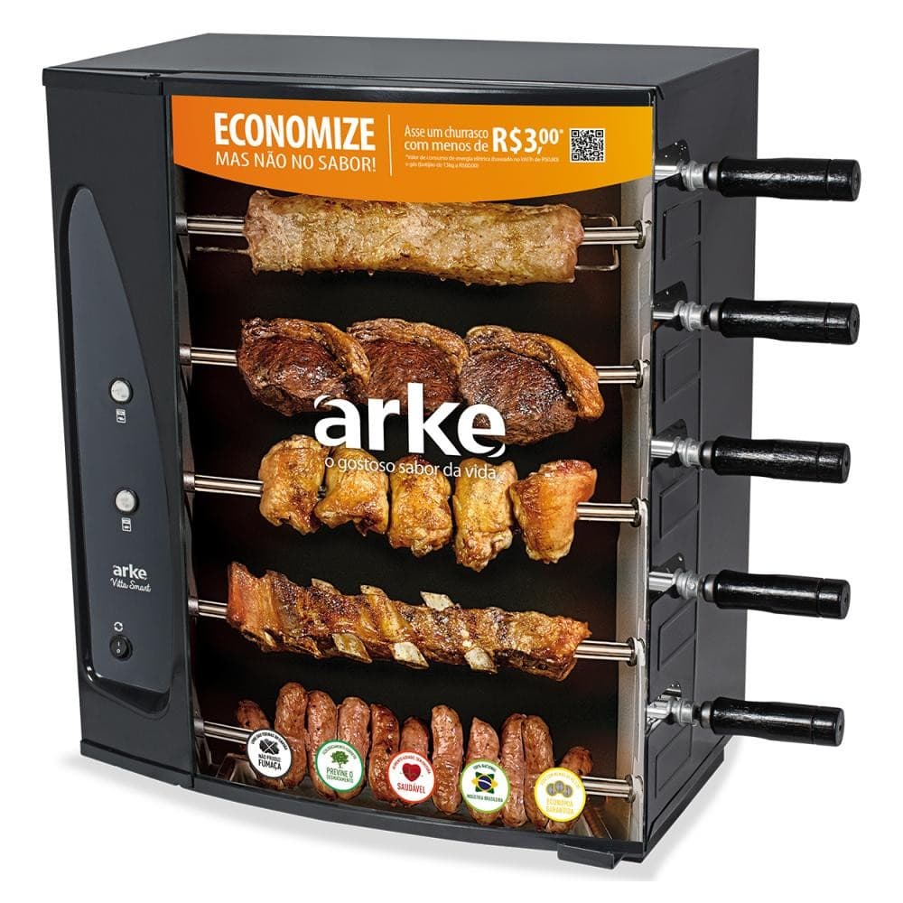 Churrasqueira elétrica Arke Vitta Smart, rotativa com 5 espetos, cor preta, grelhando carnes