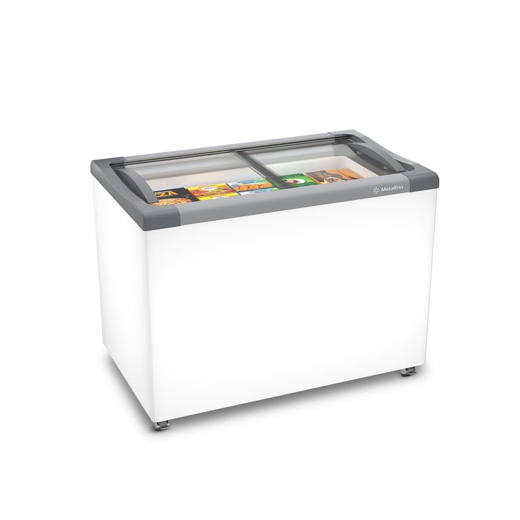 Freezer horizontal com tampa de vidro, 231/292L, cor branca e cinza, em fundo branco
