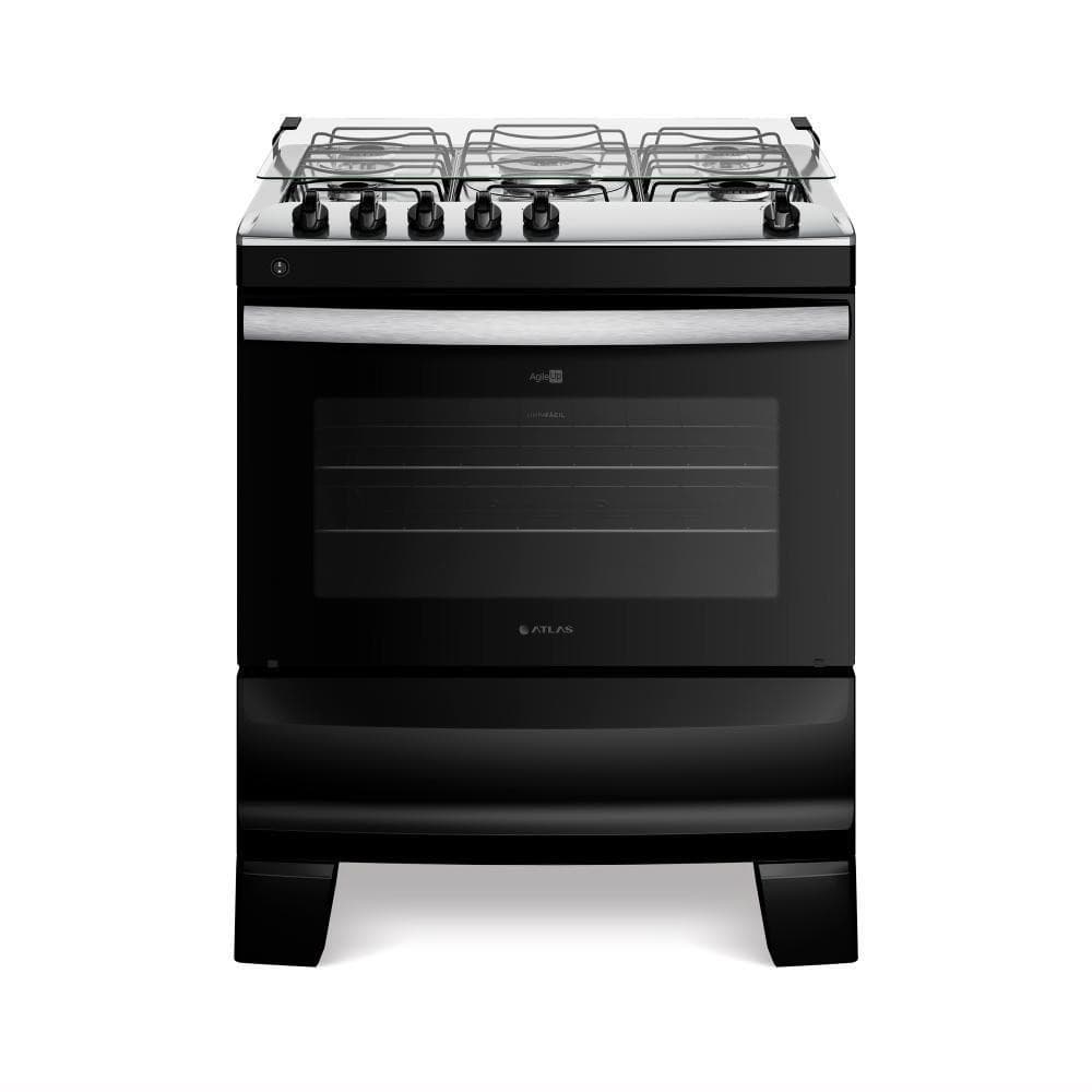 Fogão 5 bocas preto com mesa em aço inoxidável Atlas Agile Up