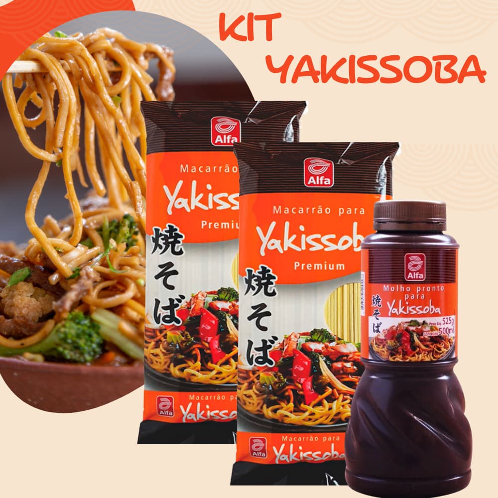 Kit Yakissoba com 2 pacotes de macarrão Alfa 500g e molho pronto 500ml
