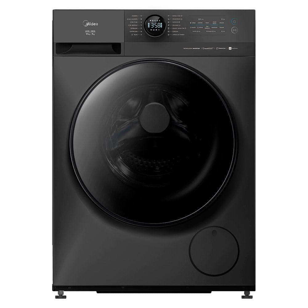 Lava e Seca 11kg Titanium Slim HealthGuard Conectada Midea, preto, em fundo branco