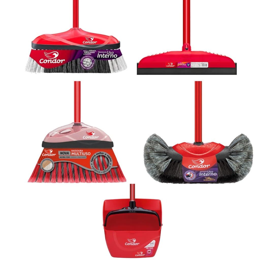 Kit de limpeza Condor com vassouras, rodo e pá vermelhos